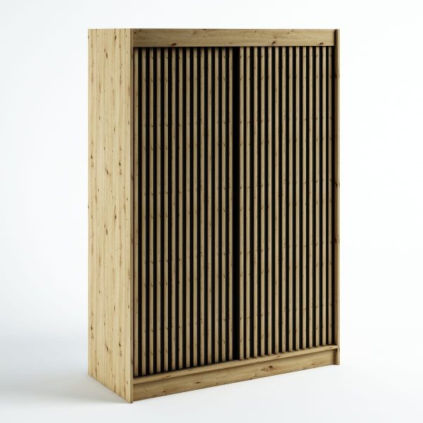 Een ruime kledingkast in loftstijl met lamellen, perfect voor de slaapkamer, woonkamer of hal, in de kleur artisan eiken.