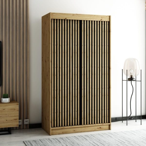 Mała pojemna szafa w stylu loft z lamelami w kolorze dąb artisan