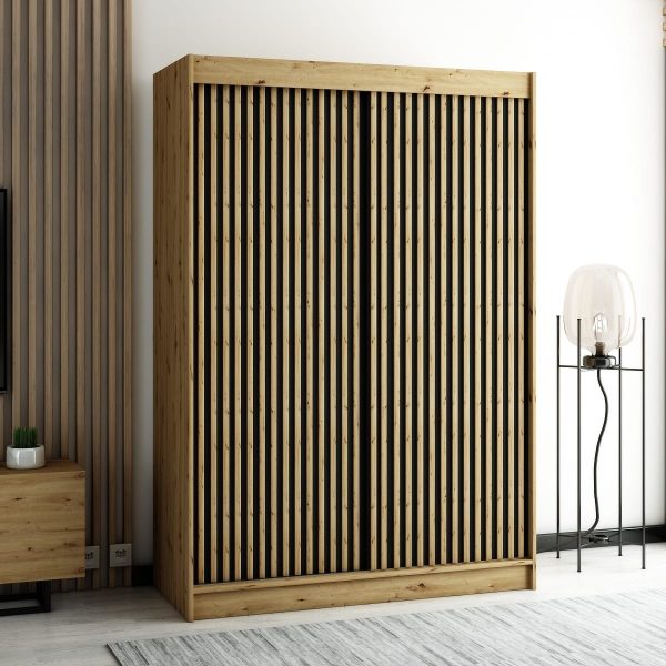 Ruime kledingkast in loftstijl met lamellen, ideaal voor de slaapkamer, woonkamer of hal, uitgevoerd in de kleur artisan eiken.