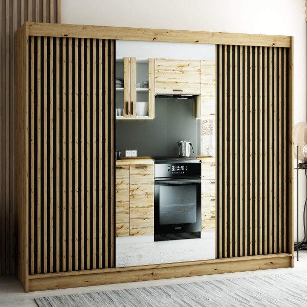 LAMELO II 250 eiken kast met lamellen en spiegel. Deze kledingkast is extreem ruim en functioneel