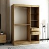 Het interieur van de LAMELO I kledingkast 150 cm met legplanken, lades en kledingroedes voor hangers.