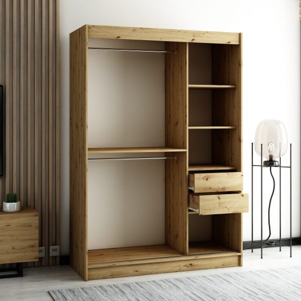 Het interieur van de LAMELO I kledingkast 150 cm met legplanken, lades en kledingroedes voor hangers.