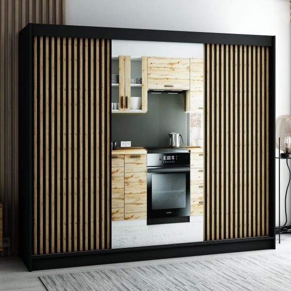 LAMELO II 250 zwarte kast met lamellen en spiegel. Deze kledingkast is extreem ruim en functioneel