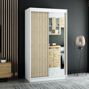 Biała szafa LAMELO II z lamelami oraz lustrem w stylu loft