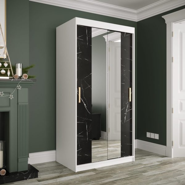 Kast MARMUR T1 100, witte kast en zwart marmeren front met spiegel