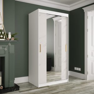 Kast MARMUR T1 100, witte kast en wit gemarmerd front met spiegel