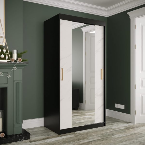 Kast MARMUR T1 100, zwarte kast en wit gemarmerd front met spiegel