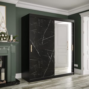 Szafa MARMUR T2 180cm, czarny korpus, czarny marmurkowy front z lustrem