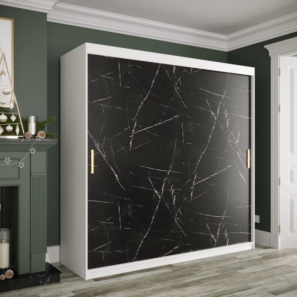 Kledingkast MARMUR T 200 met een wit corpus en een zwart marmerlook front.