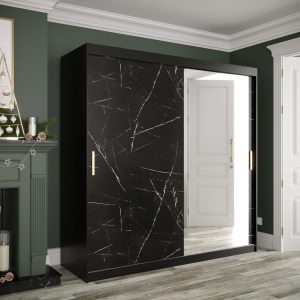Szafa MARMUR T2 200cm, czarny korpus, czarny marmurkowy front z lustrem
