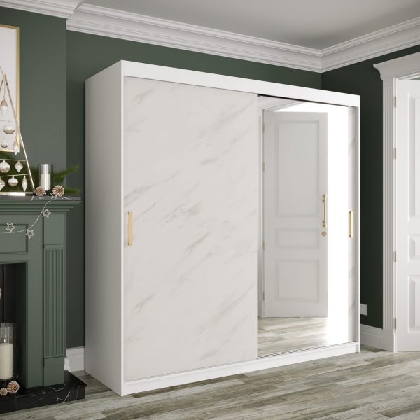Szafa MARMUR T2 200cm, biały korpus, biały marmurkowy front z lustrem