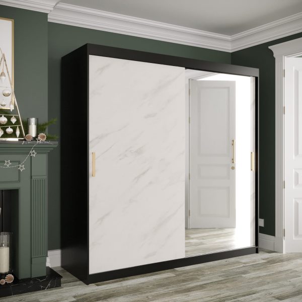 Szafa MARMUR T2 200cm, czarny korpus, biały marmurkowy front z lustrem