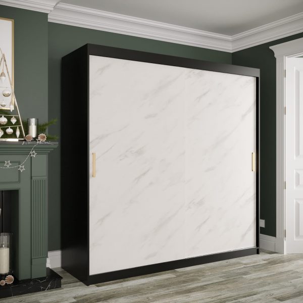 Kledingkast MARMUR T 200 met een zwart corpus en een wit marmerlook front.