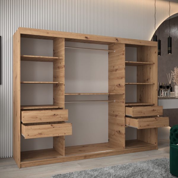 wnętrze szafy 250, z szufladami w kolorze dąb artisan