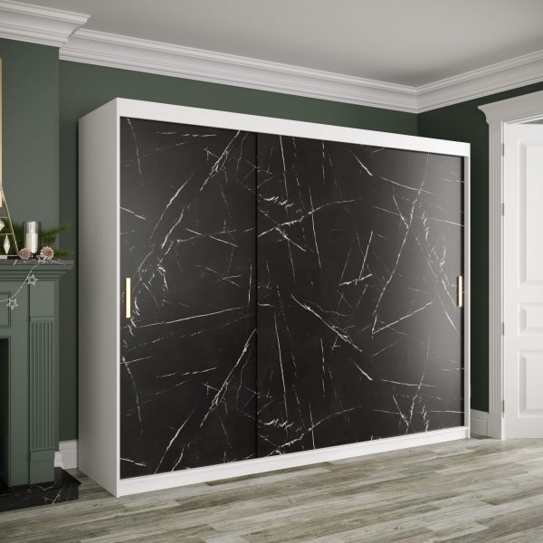 Kledingkast MARMUR T 250 – wit corpus met zwarte marmerlook front.