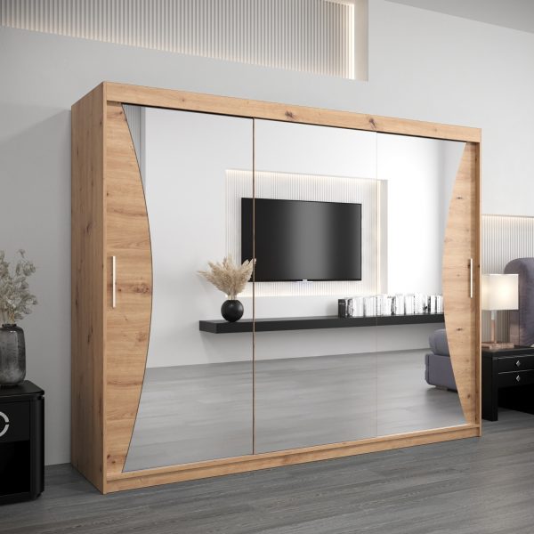 Szafa MONACO 250 cm, korpus w kolorze dąb artisan fronty dąb artisan z lustrem