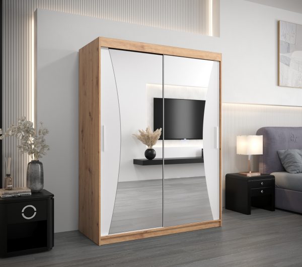Szafa MONACO 150 cm, korpus w kolorze dąb artisan fronty białe z lustrem