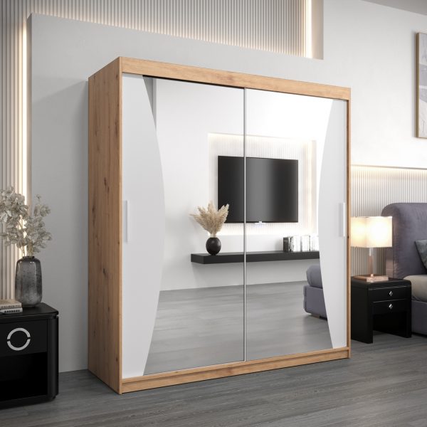 Szafa MONACO 180 cm, korpus w kolorze dąb artisan fronty białe z lustrem