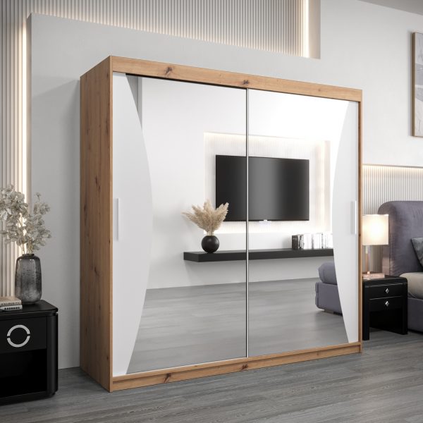 Szafa MONACO 200 cm, korpus w kolorze dąb artisan fronty białe z lustrem