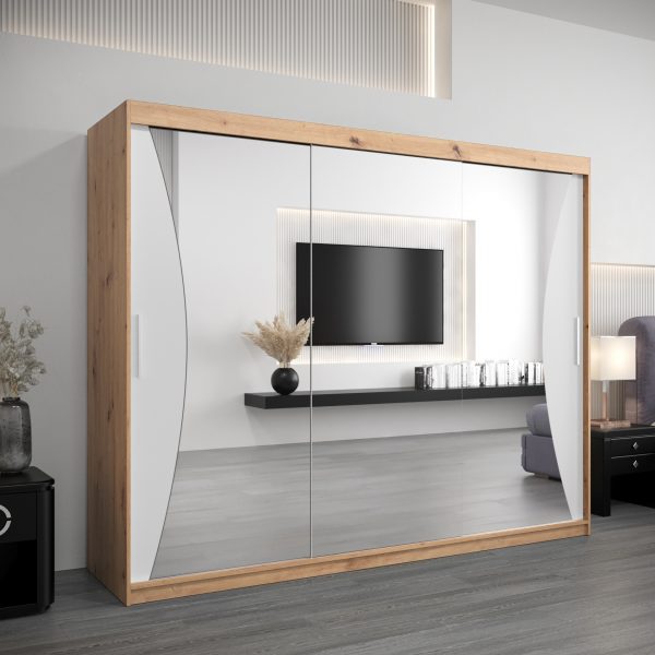 Szafa ALBA 250 cm, korpus w kolorze dąb artisan fronty białe z lustrem