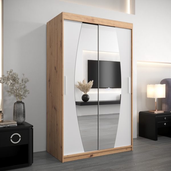 Szafa ELIPSO 120 cm, korpus w kolorze dąb artisan fronty białe z lustrem