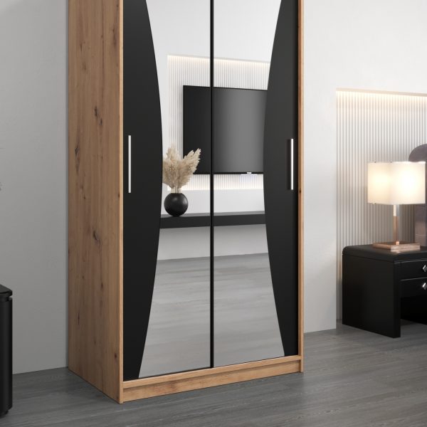 Szafa MONACO 100 cm, korpus w kolorze dąb artisan fronty czarne z lustrem