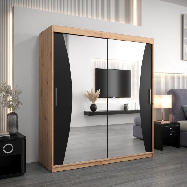 Szafa MONACO 180 cm, korpus w kolorze dąb artisan fronty czarne z lustrem