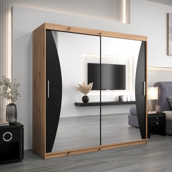 Szafa MONACO 200 cm, korpus w kolorze dąb artisan fronty czarne z lustrem