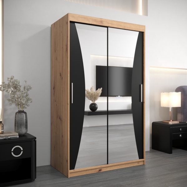 Szafa MONACO 120 cm, korpus w kolorze dąb artisan fronty czarne z lustrem