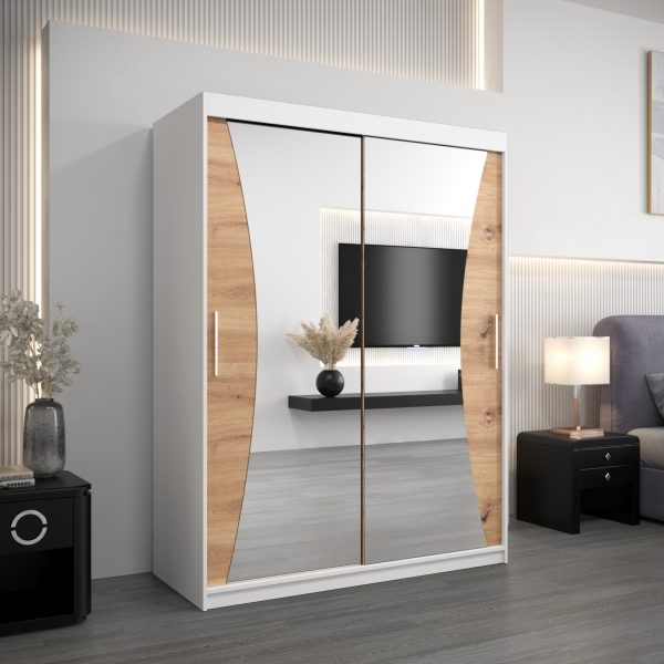 Szafa MONACO 150 cm, korpus w kolorze białym fronty dąb artisan z lustrem