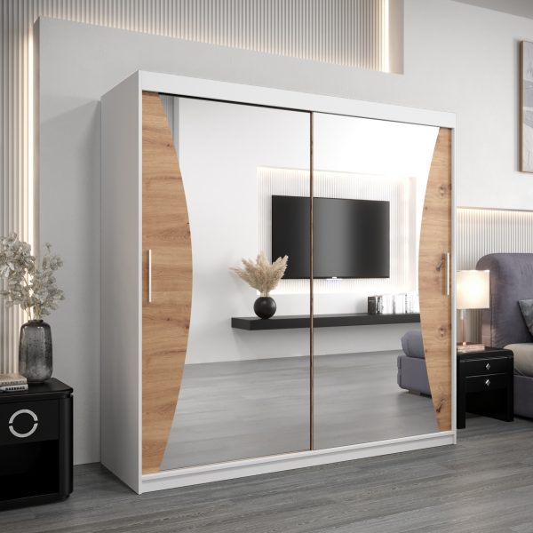 Szafa MONACO 200 cm, korpus w kolorze białym fronty dąb artisan z lustrem