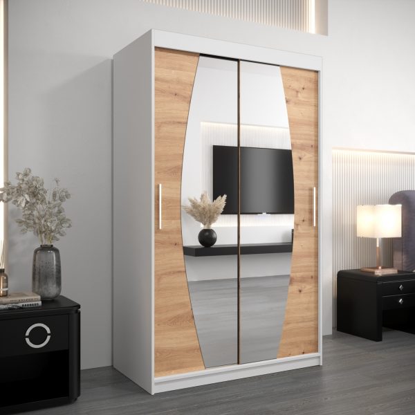 Szafa ELIPSO 120 cm, korpus w kolorze białym fronty dąb artisan z lustrem