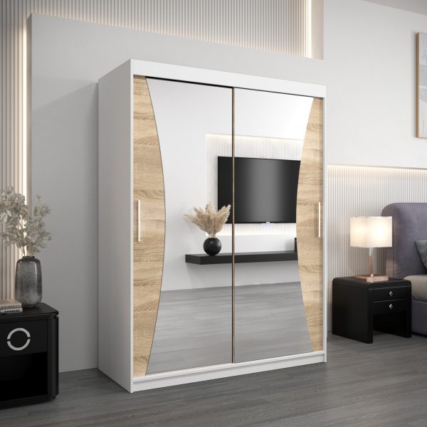 Szafa MONACO 150 cm, korpus w kolorze białym fronty dąb sonoma z lustrem