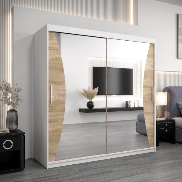 Szafa MONACO 200 cm, korpus w kolorze białym fronty dąb sonoma z lustrem