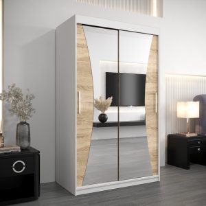 Szafa MONACO 120 cm, korpus w kolorze białym fronty dąb sonoma z lustrem