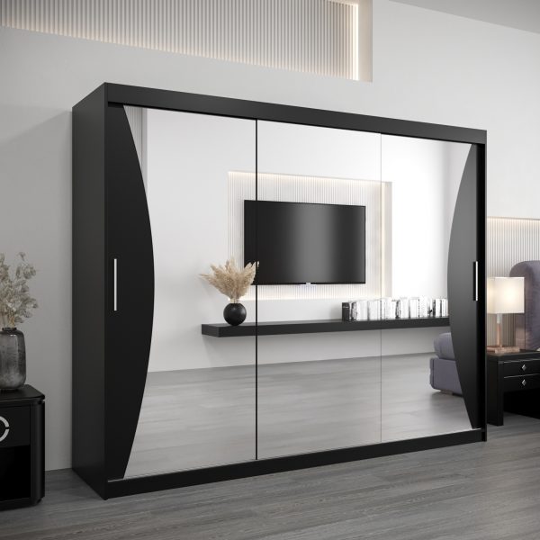 Szafa MONACO 250 cm, korpus w kolorze czarnym fronty czarne z lustrem