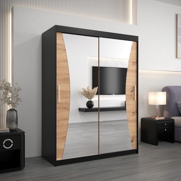 Szafa MONACO 150 cm, korpus w kolorze czarnym fronty dąb artisan z lustrem