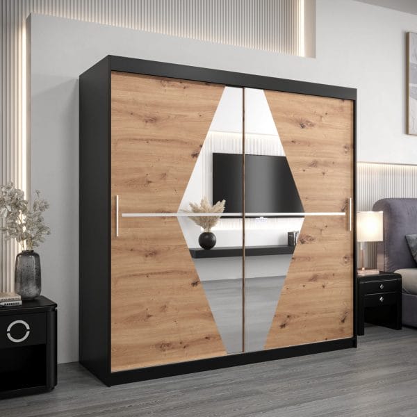 Szafa BOLIWIA 200 cm, korpus czarny front dąb artisan z lustrem