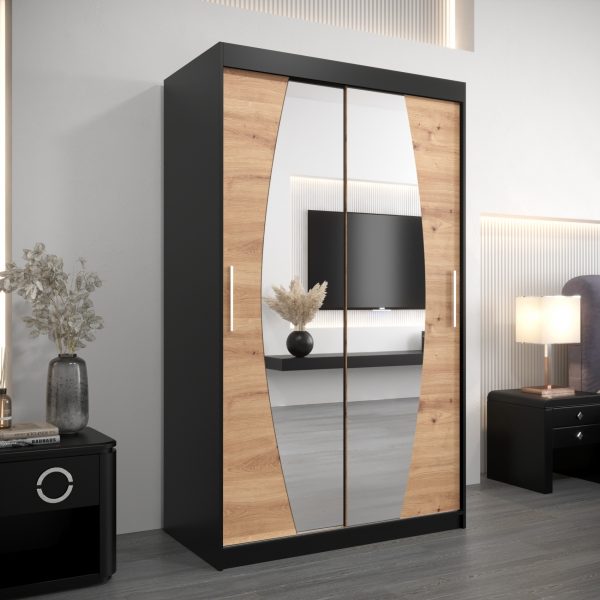 Szafa ELIPSO 120 cm, korpus w kolorze czarnym fronty dąb artisan z lustrem