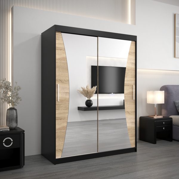 Szafa MONACO 150 cm, korpus w kolorze czarnym fronty dąb sonoma z lustrem