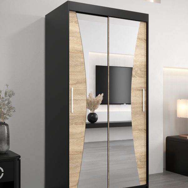 Szafa MONACO 100 cm, korpus w kolorze czarnym fronty dąb sonoma z lustrem
