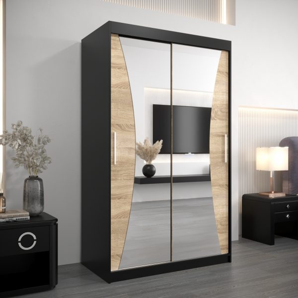 Szafa MONACO 120 cm, korpus w kolorze czarnym fronty dąb sonoma z lustrem