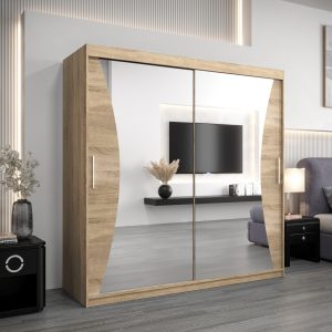 Szafa MONACO 200 cm, korpus w kolorze dąb sonoma fronty dąb sonoma z lustrem