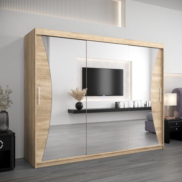 Szafa MONACO 250 cm, korpus w kolorze dąb sonoma fronty dąb sonoma z lustrem
