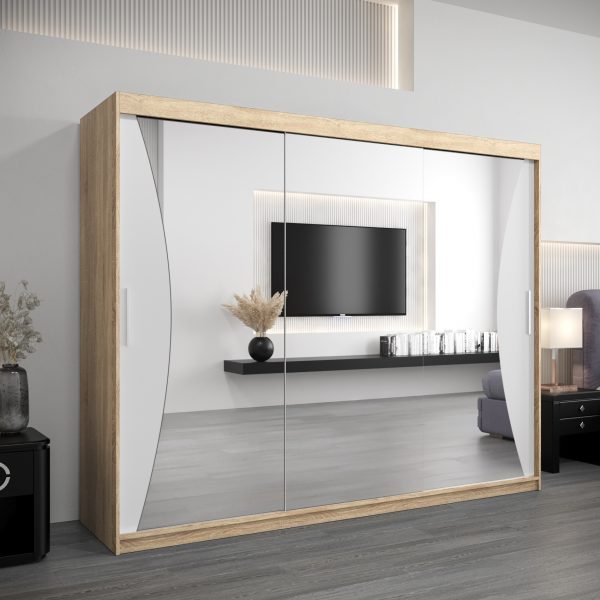 Szafa MONACO 250 cm, korpus w kolorze dąb sonoma fronty biały z lustrem