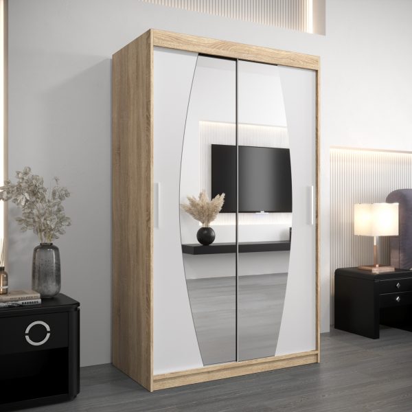 Szafa ELIPSO 120 cm, korpus w kolorze dąb sonoma fronty czarne z lustrem