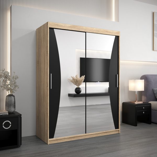 Szafa MONACO 150 cm, korpus w kolorze dąb sonoma fronty czarne z lustrem
