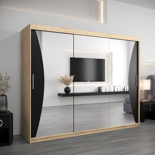 Szafa MONACO 250 cm, korpus w kolorze dąb sonoma fronty czarne z lustrem