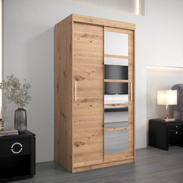 Szafa RENO 1 100. Korpus w kolorze dąb artisan, fronty dąb artisan z lustrem