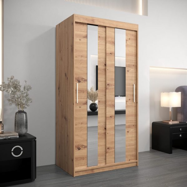 Szafa POLE 100, korpus w kolorze dąb artisan, fronty dąb artisan z dwoma pasami lustra